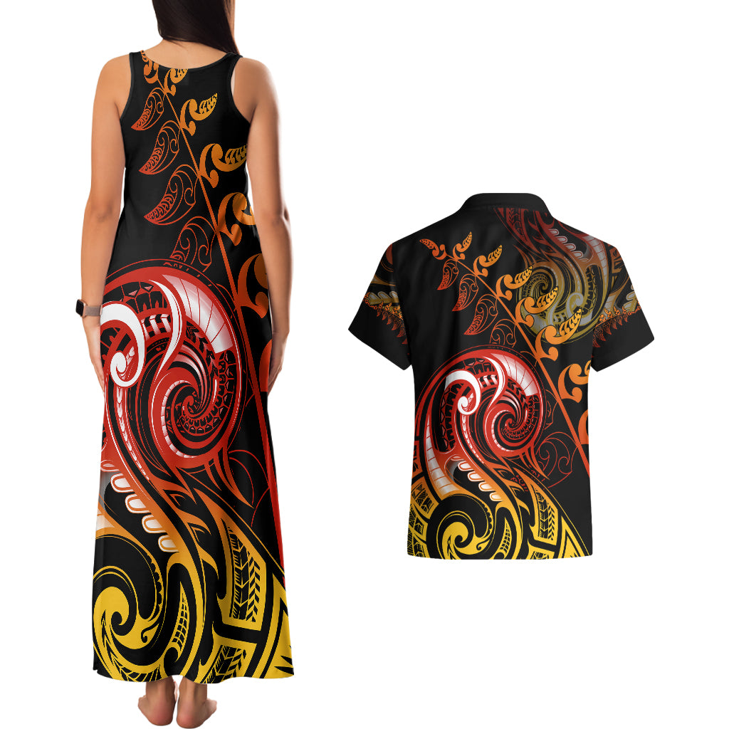 New Zealand Couples Matching Tank Maxi Dress and Hawaiian Shirt Aotearoa Wisdom Face Maori Fern Tattoo Arty LT9 - Polynesian Pride