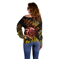 New Zealand Off Shoulder Sweater Aotearoa Wisdom Face Maori Fern Tattoo Arty LT9 - Polynesian Pride