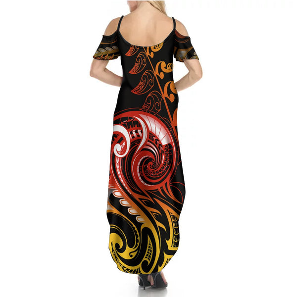 Aotearoa New Zealand Summer Maxi Dress Silver Fern and Matau with Maori Tribal Pink Style LT03 main image 0
