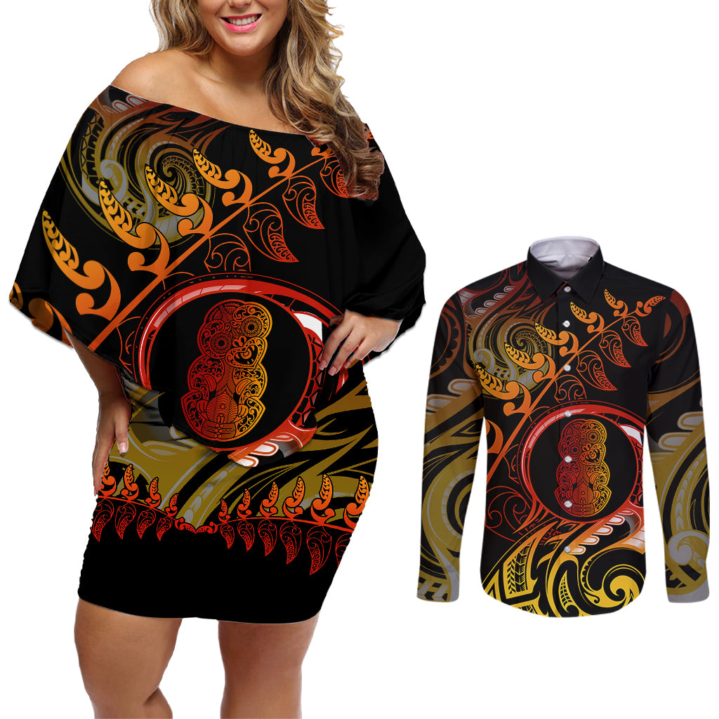 New Zealand Couples Matching Off Shoulder Short Dress and Long Sleeve Button Shirts Aotearoa Hei-Tiki Maori Fern Tattoo Arty LT9 Reggae - Polynesian Pride