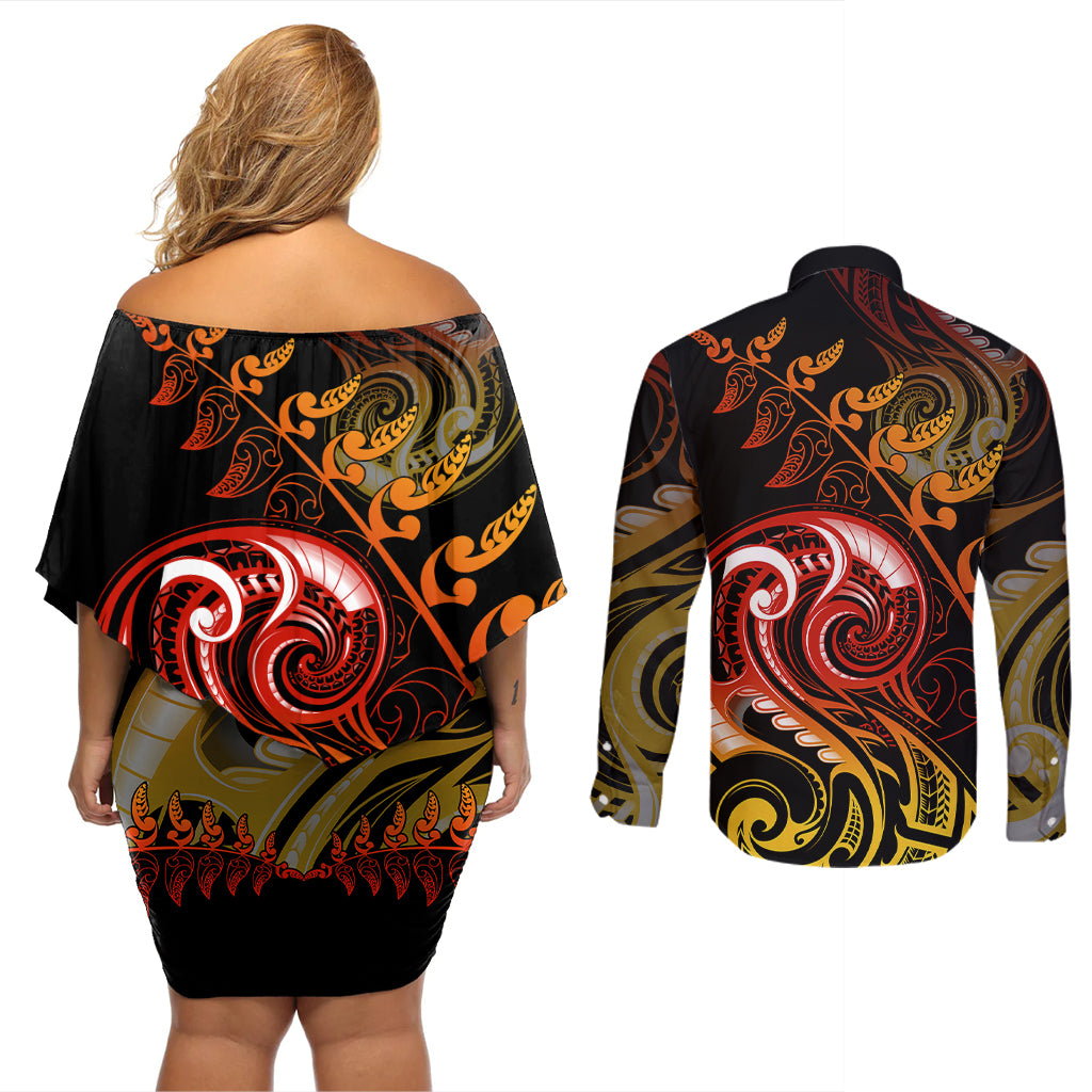 New Zealand Couples Matching Off Shoulder Short Dress and Long Sleeve Button Shirts Aotearoa Hei-Tiki Maori Fern Tattoo Arty LT9 - Polynesian Pride