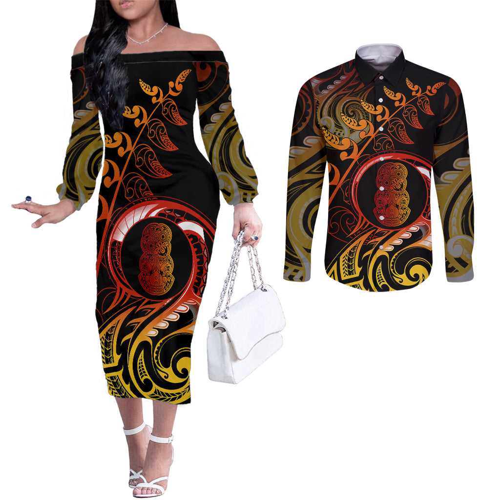 New Zealand Couples Matching Off The Shoulder Long Sleeve Dress and Long Sleeve Button Shirts Aotearoa Hei-Tiki Maori Fern Tattoo Arty LT9 Reggae - Polynesian Pride
