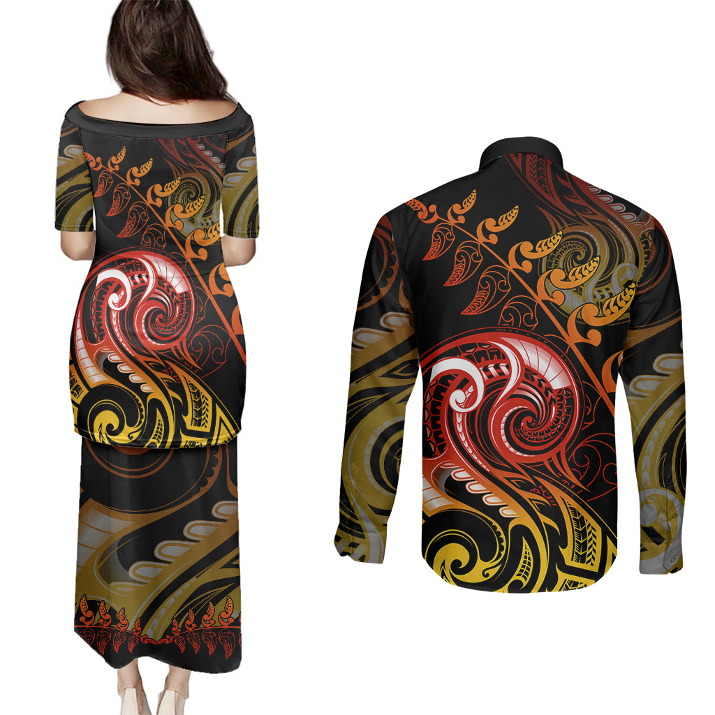 New Zealand Couples Matching Puletasi Dress and Long Sleeve Button Shirts Aotearoa Hei-Tiki Maori Fern Tattoo Arty LT9 - Polynesian Pride