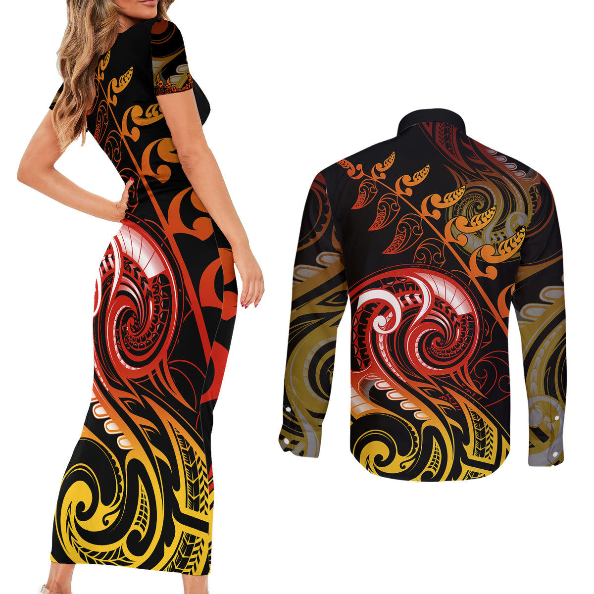 New Zealand Couples Matching Short Sleeve Bodycon Dress and Long Sleeve Button Shirts Aotearoa Hei-Tiki Maori Fern Tattoo Arty LT9 - Polynesian Pride