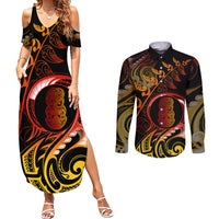 New Zealand Couples Matching Summer Maxi Dress and Long Sleeve Button Shirts Aotearoa Hei-Tiki Maori Fern Tattoo Arty LT9 Reggae - Polynesian Pride