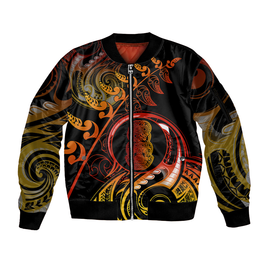 New Zealand Sleeve Zip Bomber Jacket Aotearoa Hei-Tiki Maori Fern Tattoo Arty LT9 Unisex Reggae - Polynesian Pride