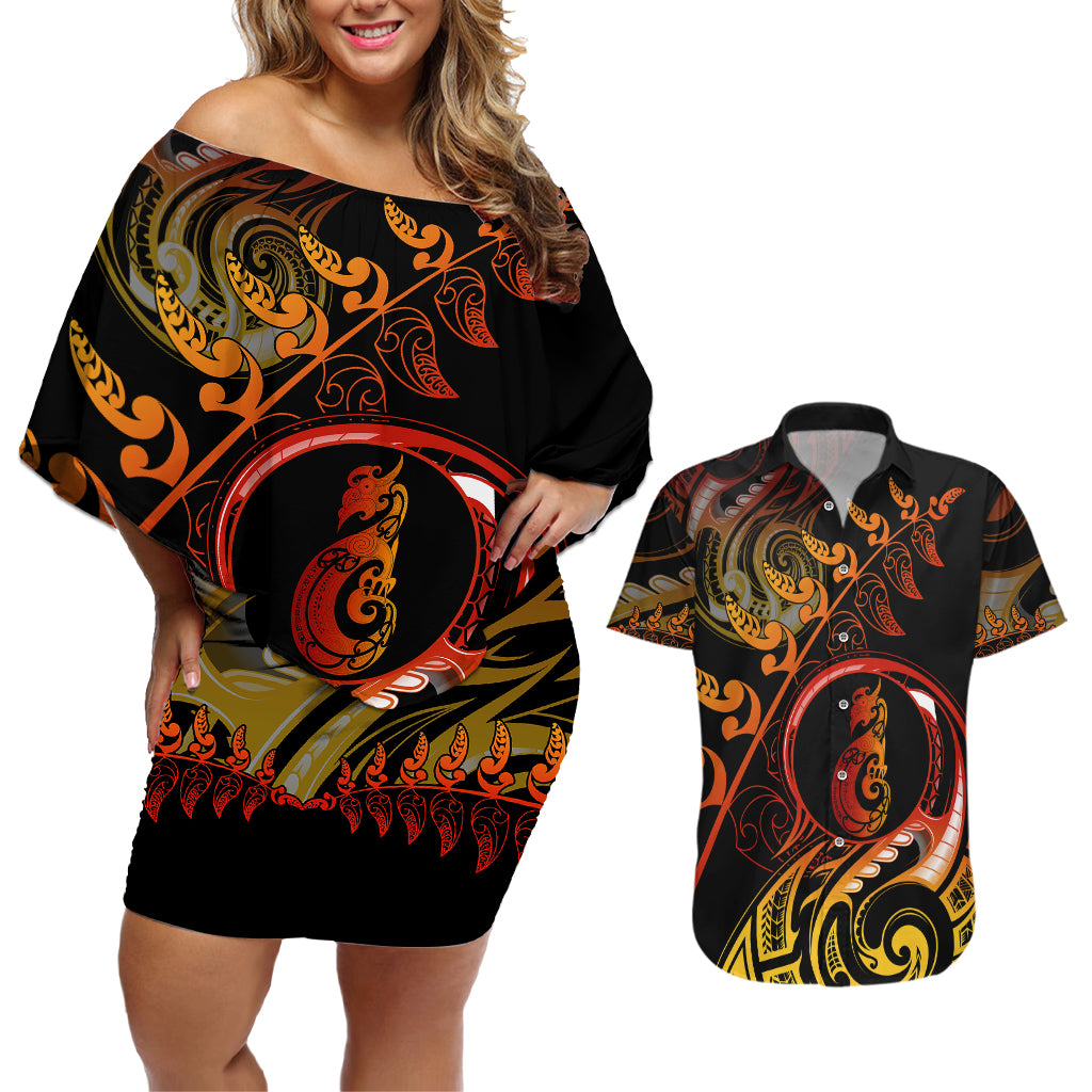 New Zealand Couples Matching Off Shoulder Short Dress and Hawaiian Shirt Aotearoa Manaia Maori Fern Tattoo Arty LT9 Reggae - Polynesian Pride