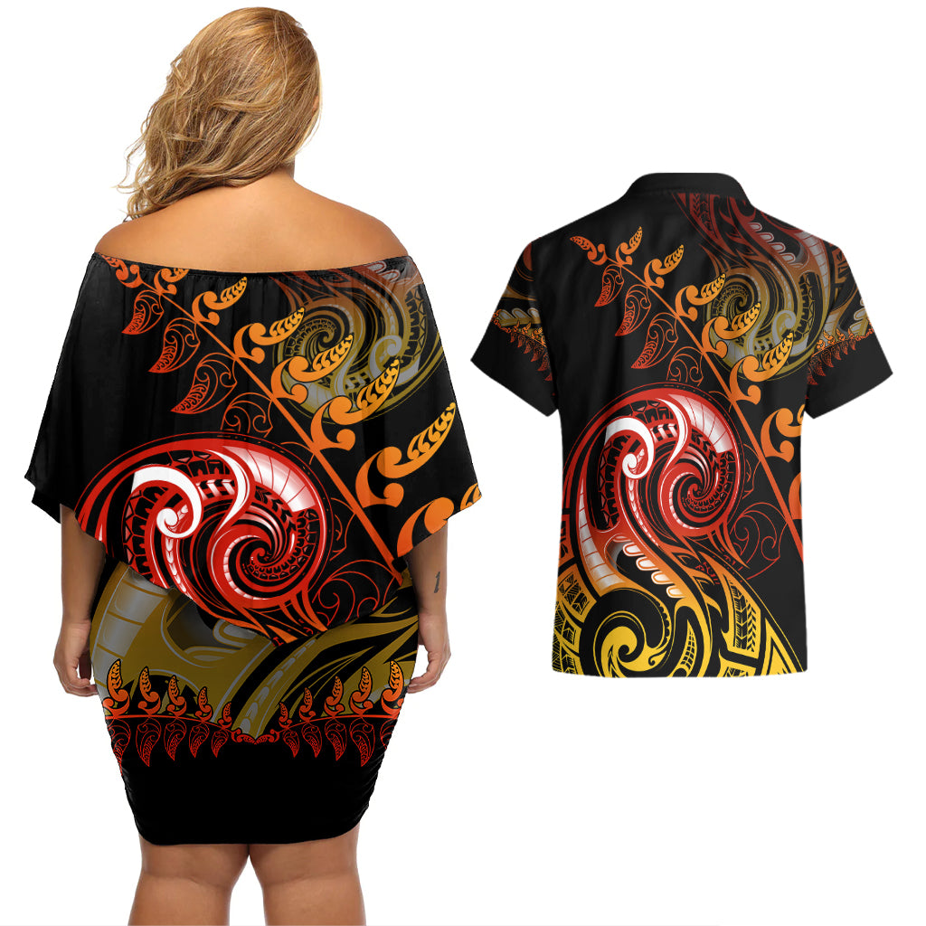 New Zealand Couples Matching Off Shoulder Short Dress and Hawaiian Shirt Aotearoa Manaia Maori Fern Tattoo Arty LT9 - Polynesian Pride