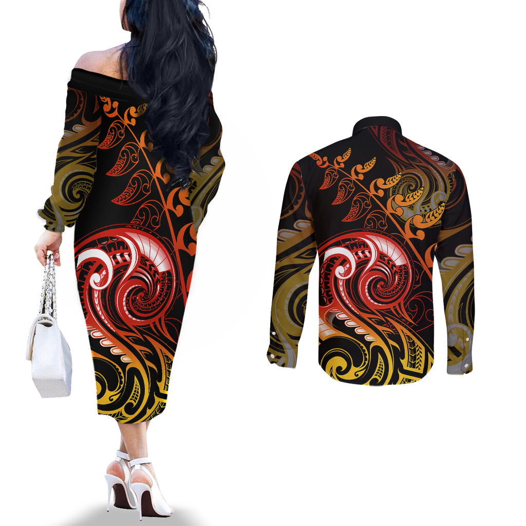 New Zealand Couples Matching Off The Shoulder Long Sleeve Dress and Long Sleeve Button Shirts Aotearoa Manaia Maori Fern Tattoo Arty LT9 - Polynesian Pride