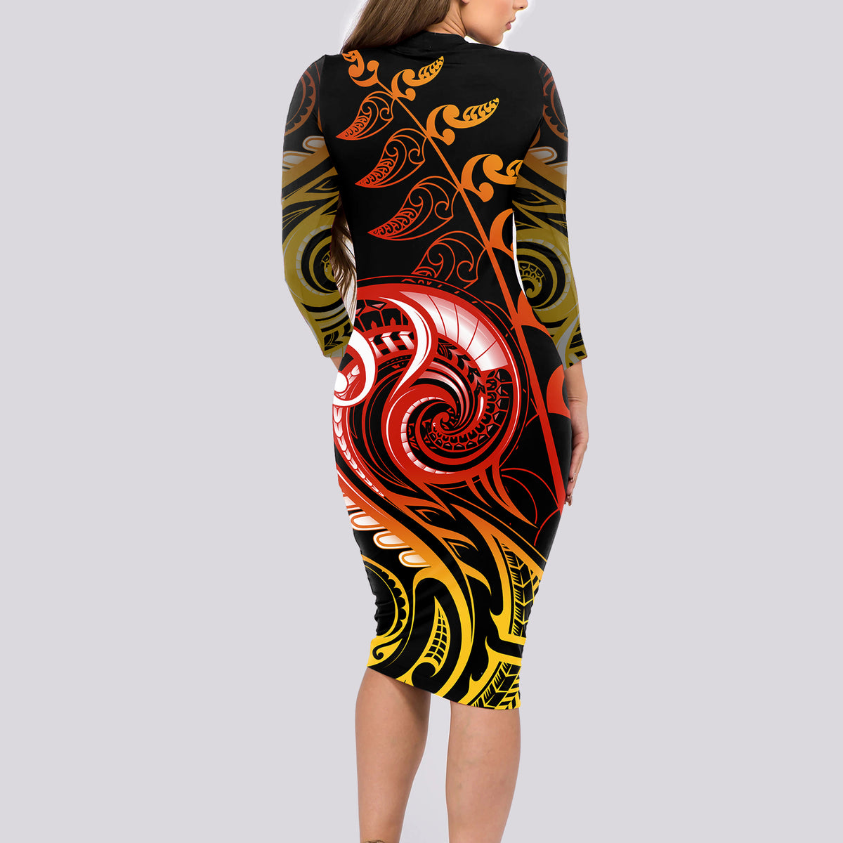 New Zealand Long Sleeve Bodycon Dress Aotearoa Manaia Maori Fern Tattoo Arty LT9 - Polynesian Pride