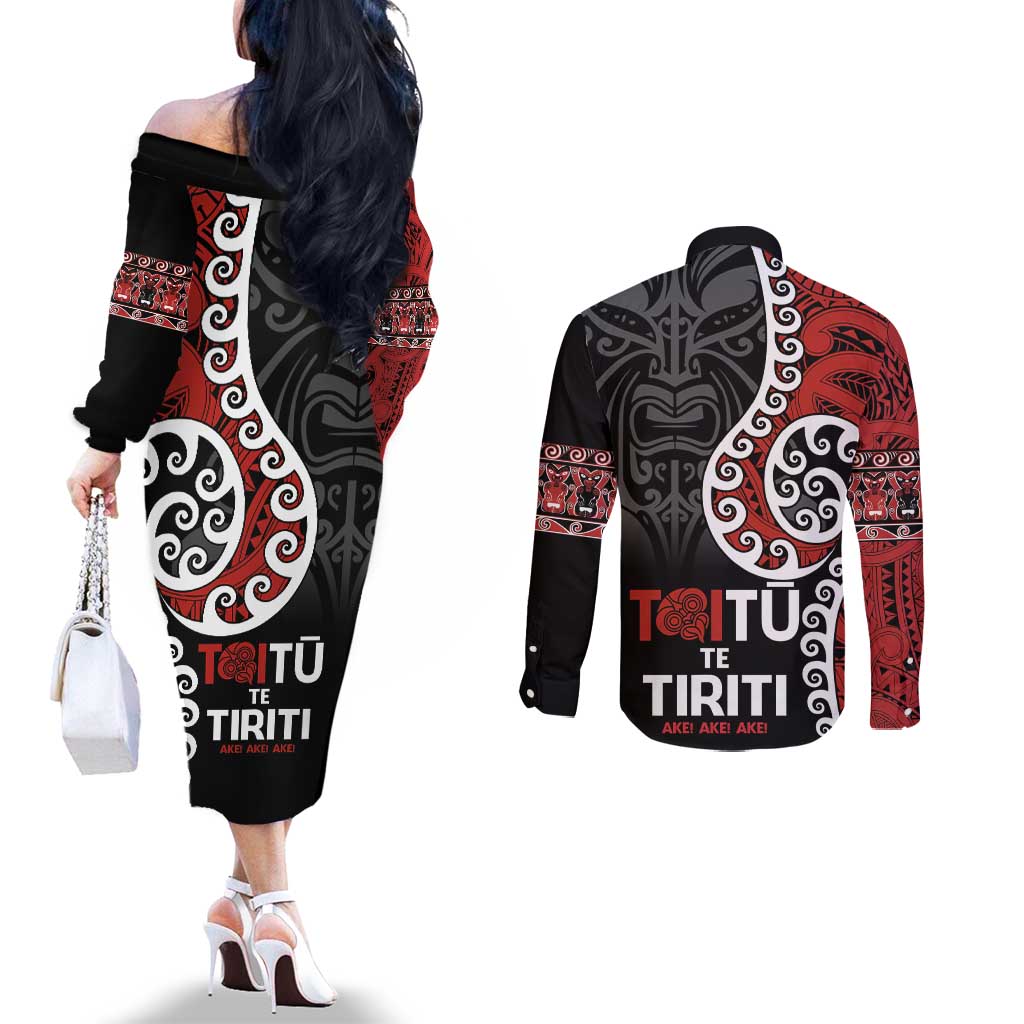 Honour The Treaty New Zealand Couples Matching Off The Shoulder Long Sleeve Dress and Long Sleeve Button Shirt Toitu Te Tiriti Ake!Ake!Ake!