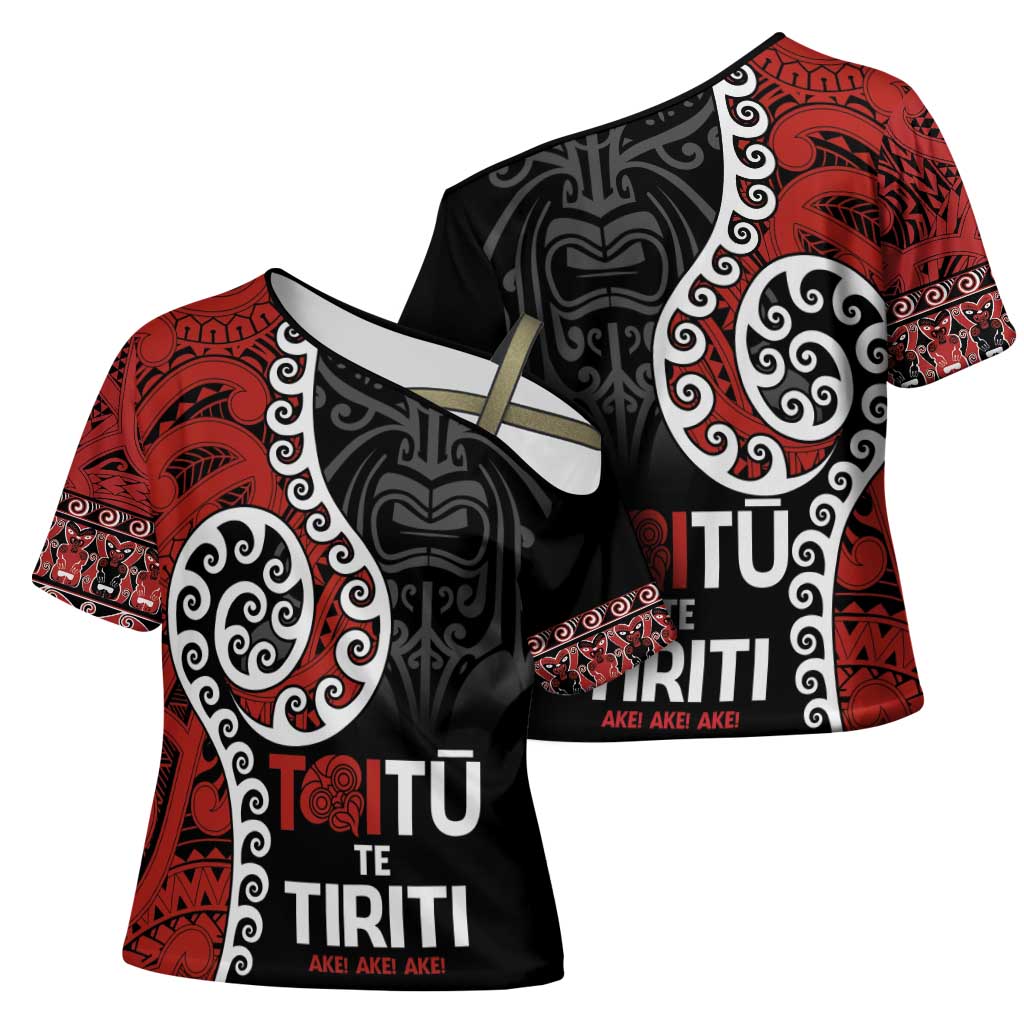 Honour The Treaty New Zealand Cross Shoulder Shirt Toitu Te Tiriti Ake Ake Ake - Polynesian Pride