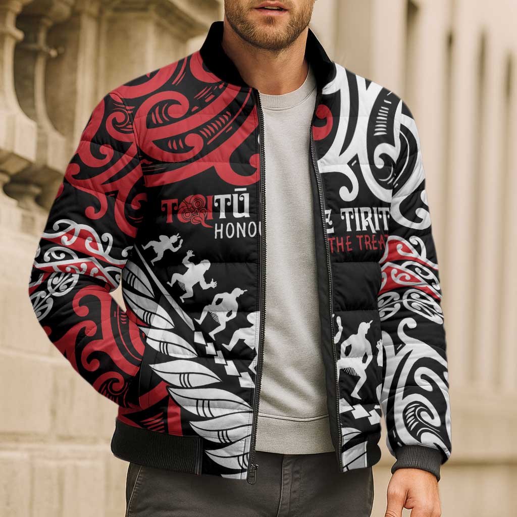 Honour The Treaty New Zealand Personalised Bomber Puffer Jacket Toitu Te Tiriti Half Fern Haka Dance - Polynesian Pride