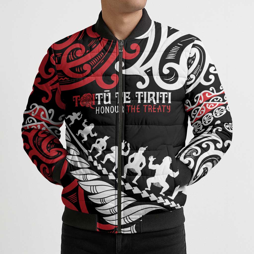 Honour The Treaty New Zealand Personalised Bomber Puffer Jacket Toitu Te Tiriti Half Fern Haka Dance - Polynesian Pride
