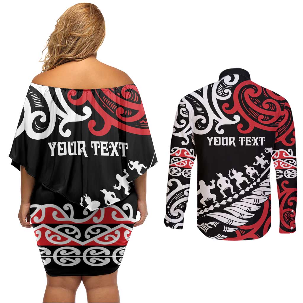 Honour The Treaty New Zealand Personalised Couples Matching Off Shoulder Short Dress and Long Sleeve Button Shirt Toitu Te Tiriti Half Fern with Haka dance