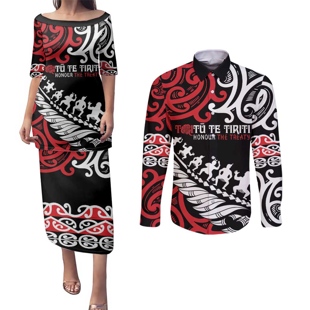 Honour The Treaty New Zealand Personalised Couples Matching Puletasi and Long Sleeve Button Shirt Toitu Te Tiriti Half Fern with Haka dance