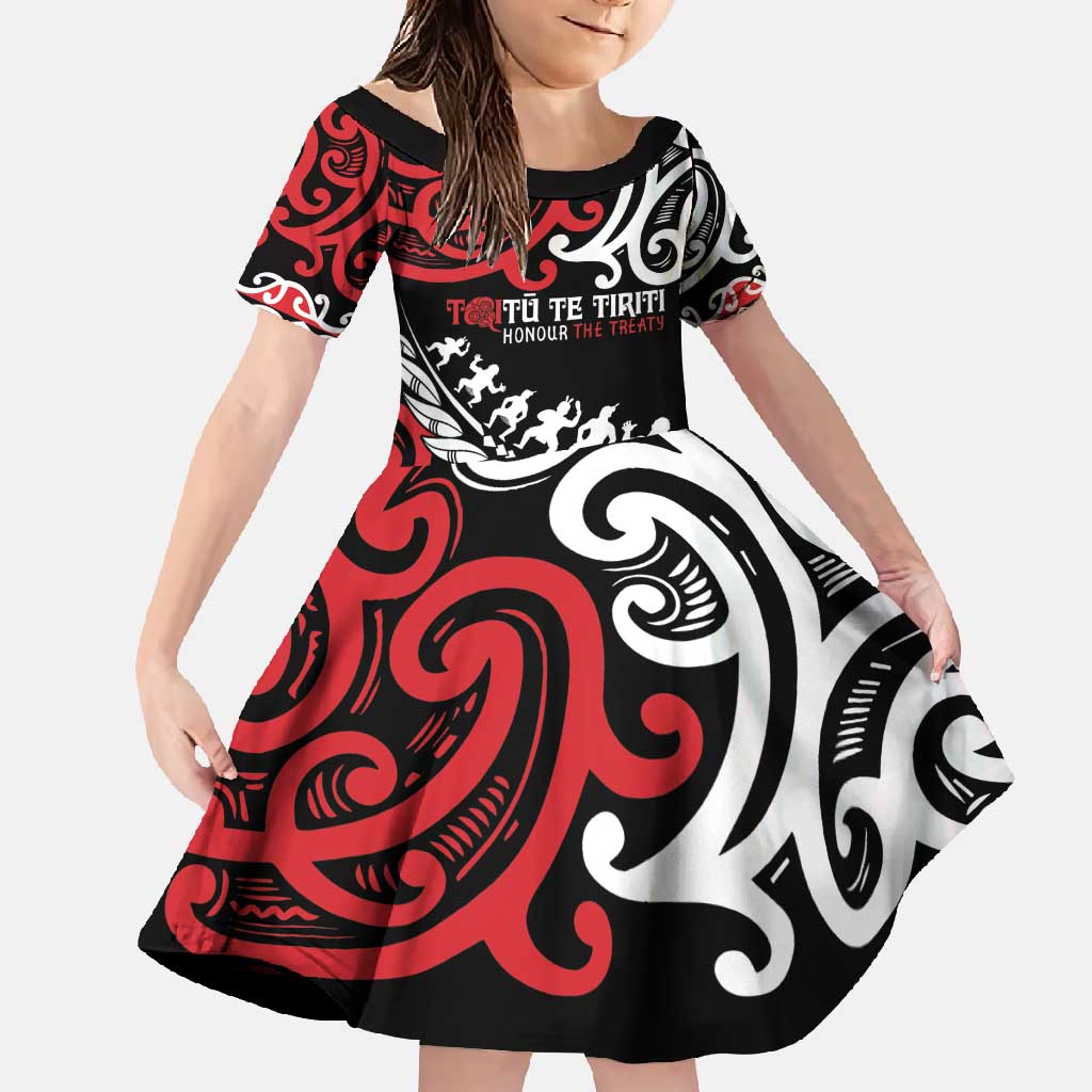 Honour The Treaty New Zealand Personalised Family Matching Tank Maxi Dress and Hawaiian Shirt Toitu Te Tiriti Half Fern with Haka dance LT9 Daughter's Dress Black - Polynesian Pride