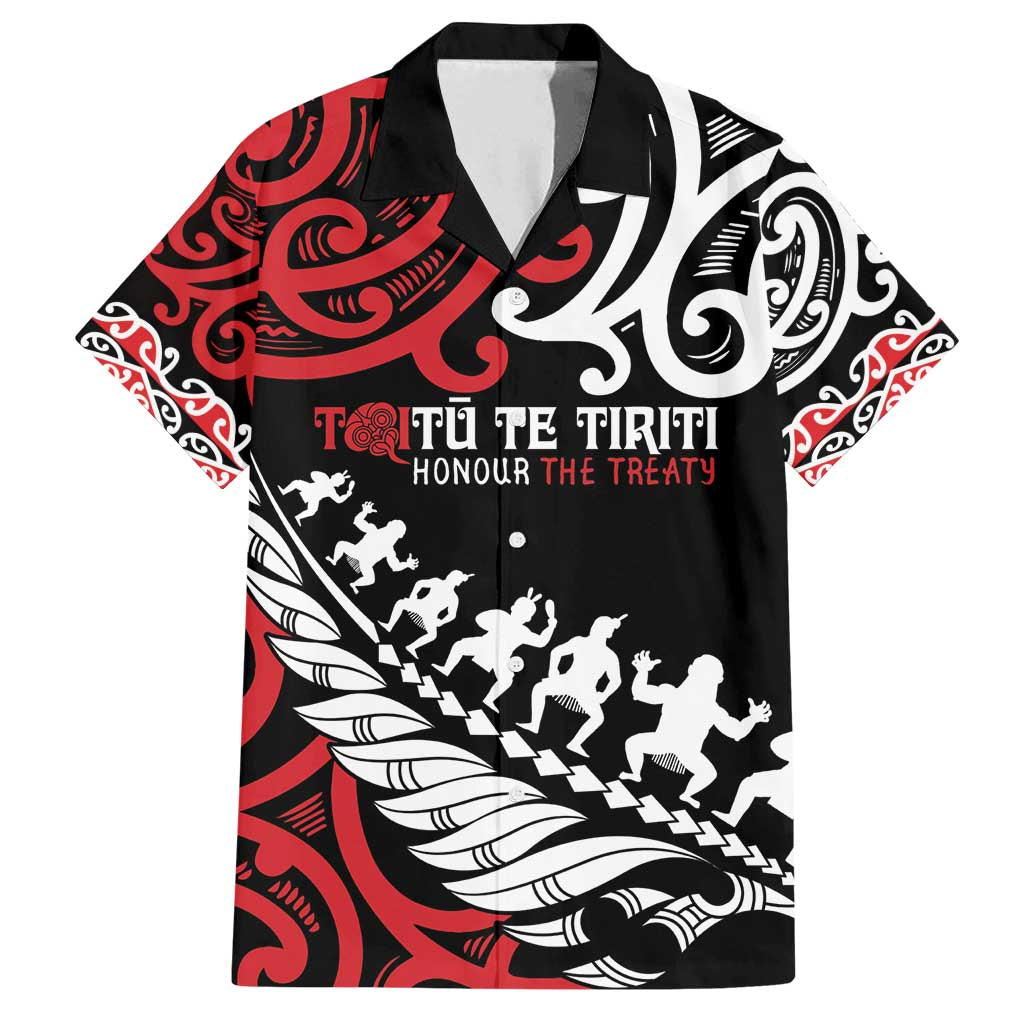 Honour The Treaty New Zealand Personalised Family Matching Tank Maxi Dress and Hawaiian Shirt Toitu Te Tiriti Half Fern with Haka dance LT9 Dad's Shirt - Short Sleeve Black - Polynesian Pride