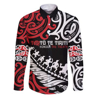 Honour The Treaty New Zealand Personalised Family Matching Tank Maxi Dress and Hawaiian Shirt Toitu Te Tiriti Half Fern with Haka dance LT9 Dad's Shirt - Long Sleeve Black - Polynesian Pride
