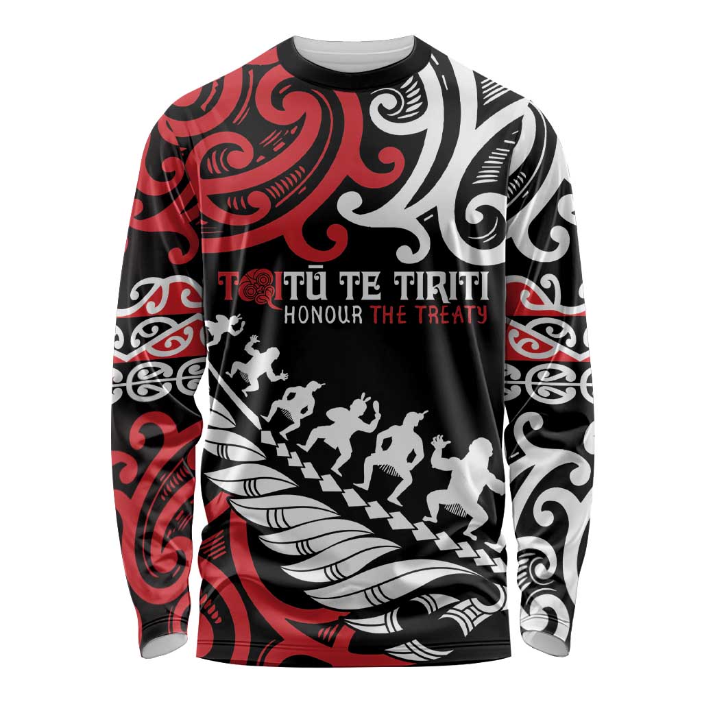 Honour The Treaty New Zealand Personalised Long Sleeve Shirt Toitu Te Tiriti Half Fern with Haka dance LT9 Unisex Black - Polynesian Pride