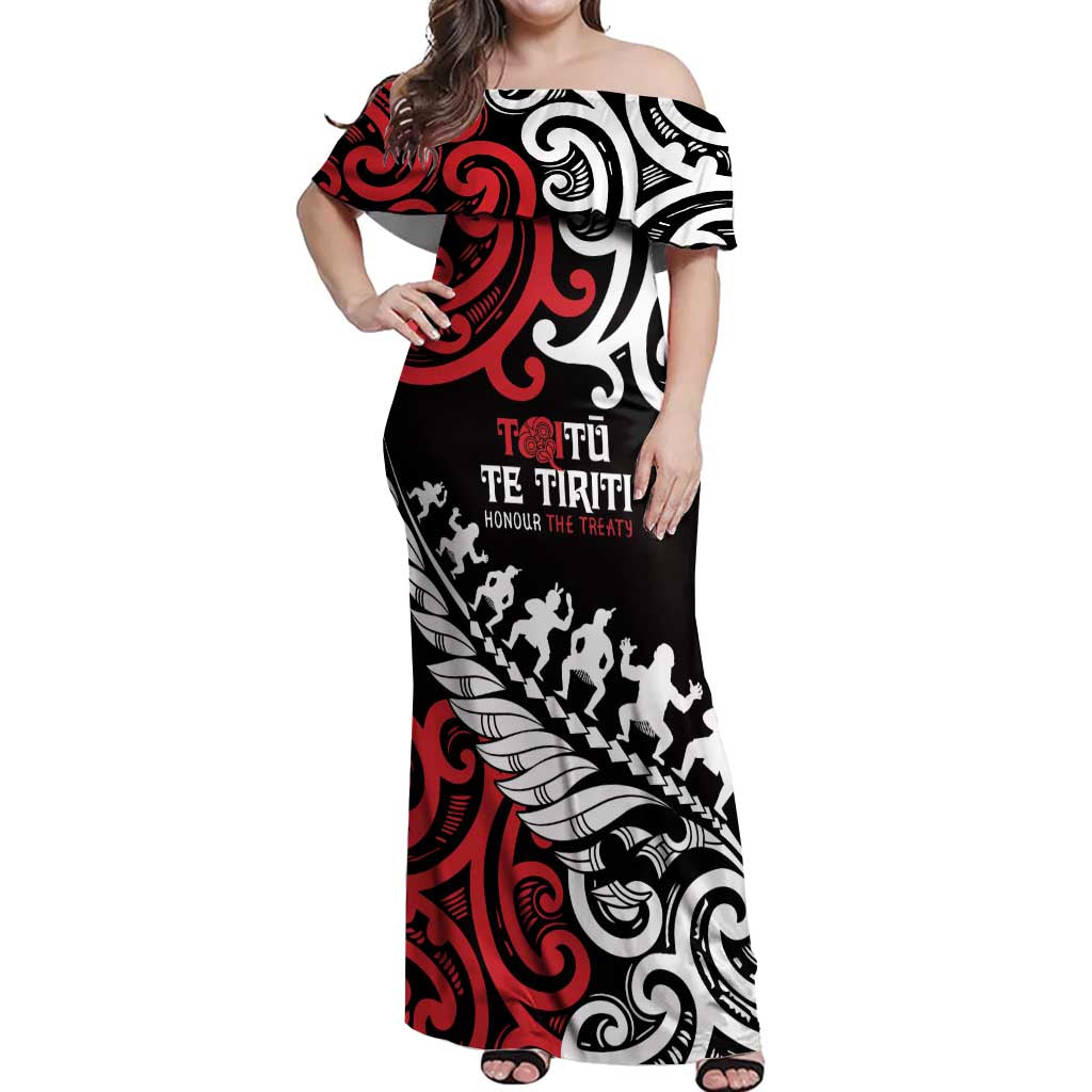 Honour The Treaty New Zealand Personalised Off Shoulder Maxi Dress Toitu Te Tiriti Half Fern with Haka dance
