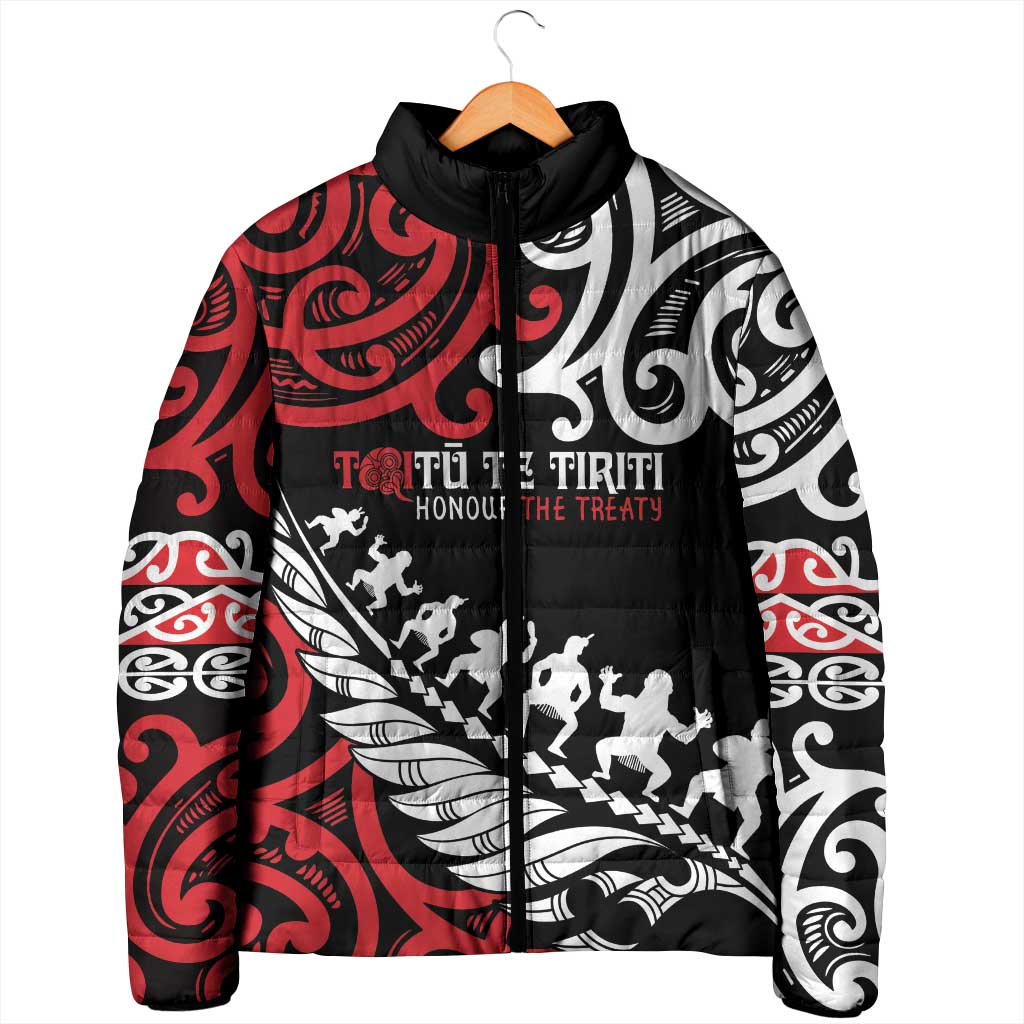 Honour The Treaty New Zealand Personalised Padded Jacket Toitu Te Tiriti Half Fern Haka Dance - Polynesian Pride