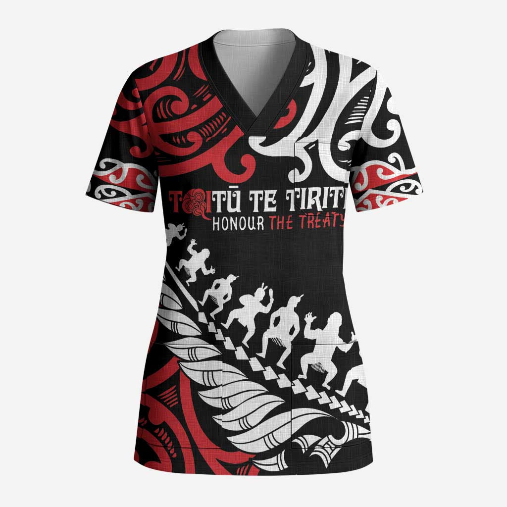 Honour The Treaty New Zealand Personalised Scrub Top Toitu Te Tiriti Half Fern Haka Dance - Polynesian Pride