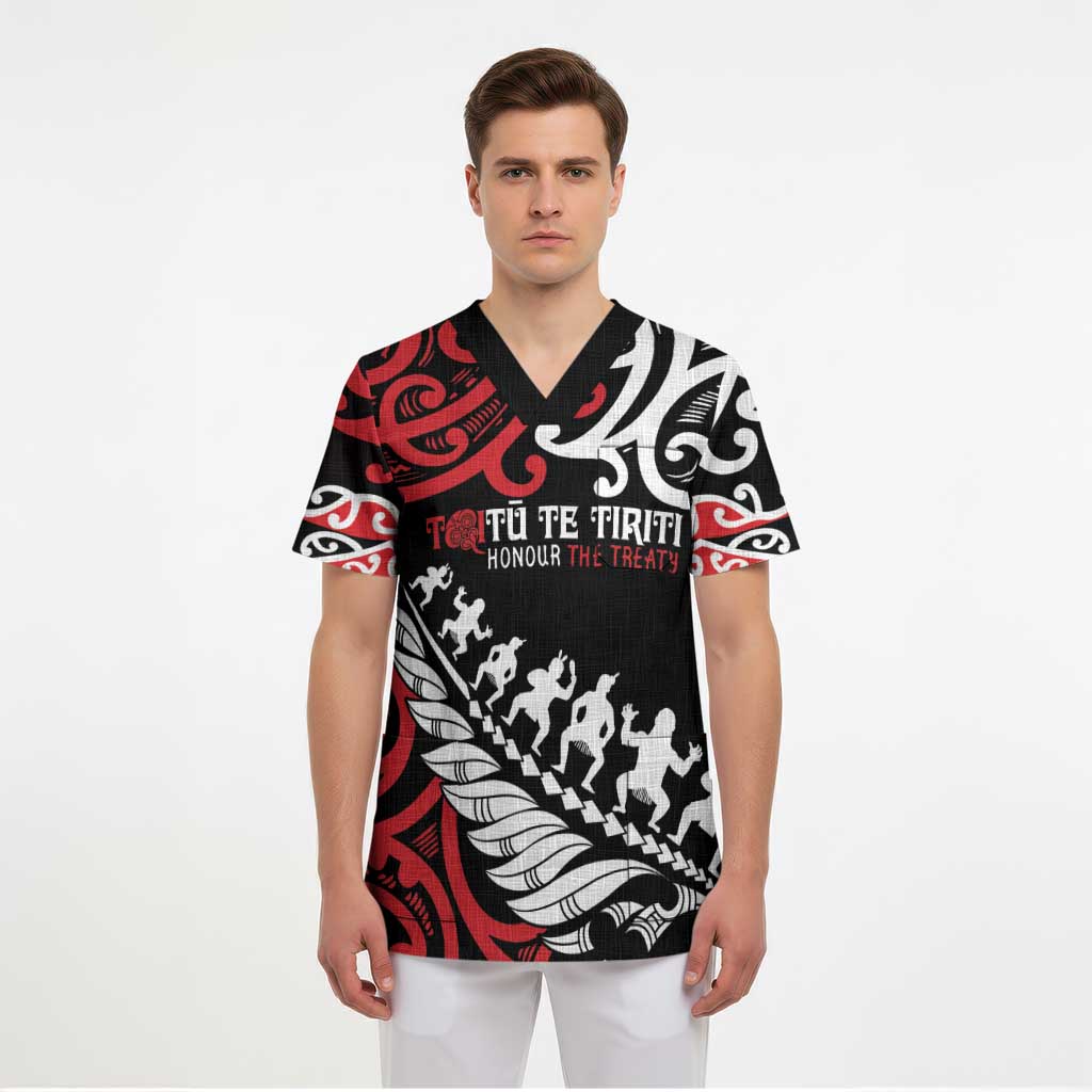 Honour The Treaty New Zealand Personalised Scrub Top Toitu Te Tiriti Half Fern Haka Dance - Polynesian Pride