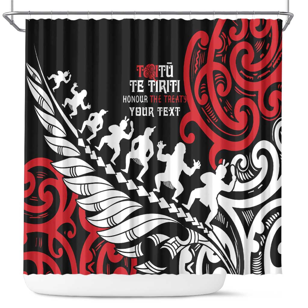 Honour The Treaty New Zealand Personalised Shower Curtain Toitu Te Tiriti Half Fern with Haka dance LT9 Black - Polynesian Pride