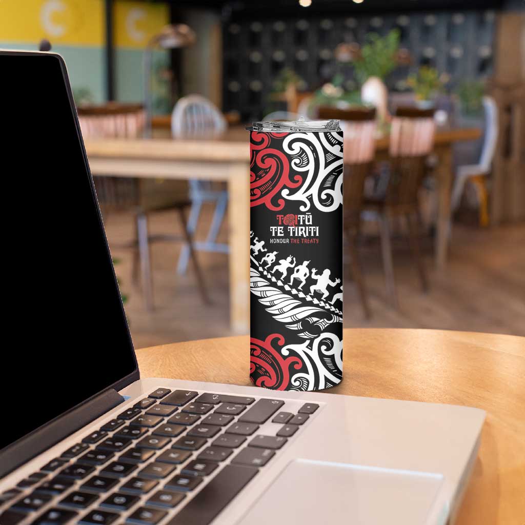 Honour The Treaty New Zealand Personalised Skinny Tumbler Toitu Te Tiriti Half Fern with Haka dance