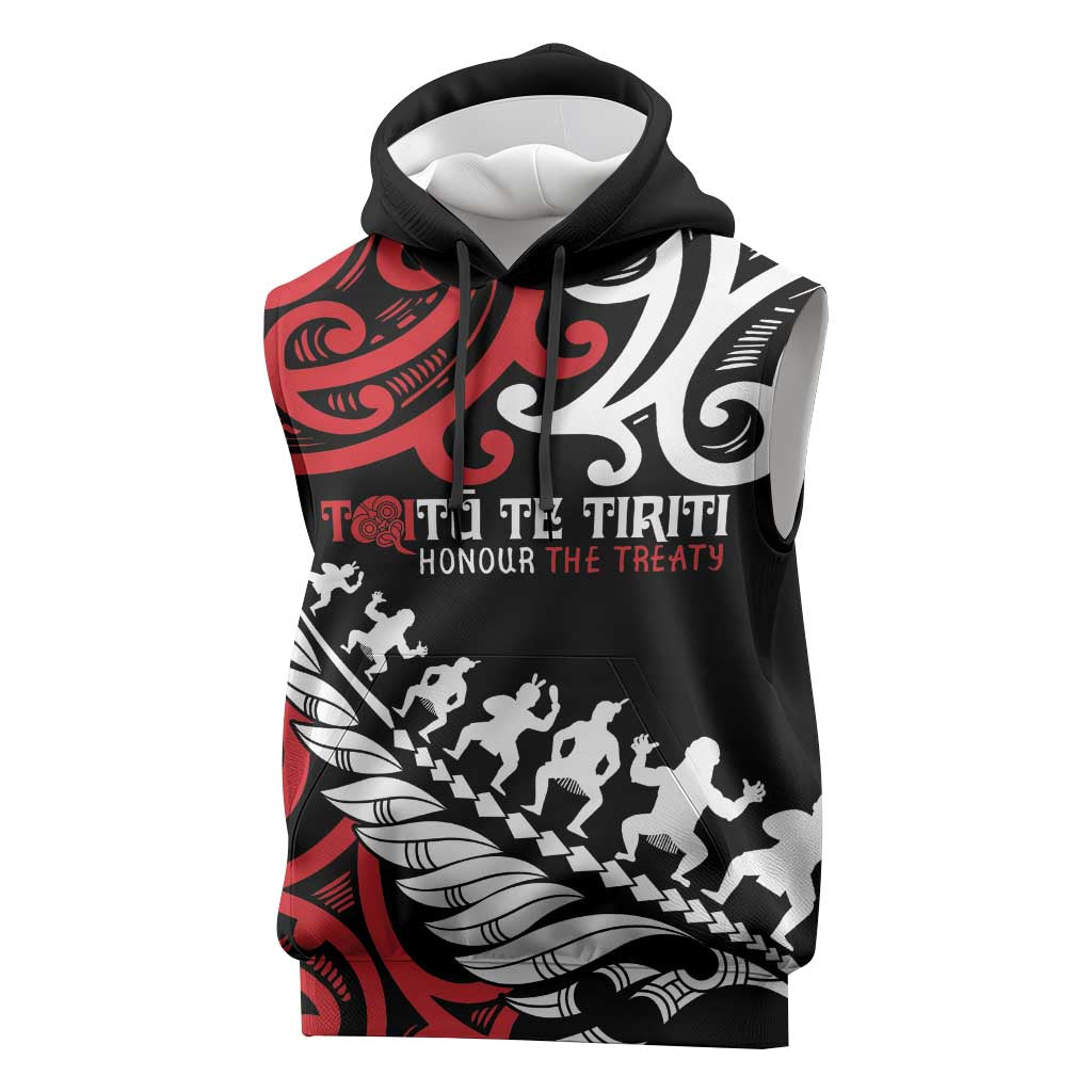 Honour The Treaty New Zealand Personalised Sleeveless Hoodie Toitu Te Tiriti Half Fern Haka Dance - Polynesian Pride