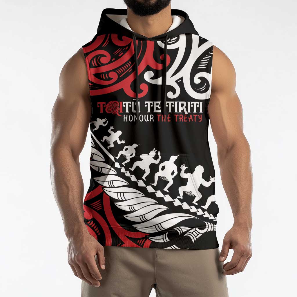 Honour The Treaty New Zealand Personalised Sleeveless Hoodie Toitu Te Tiriti Half Fern Haka Dance - Polynesian Pride