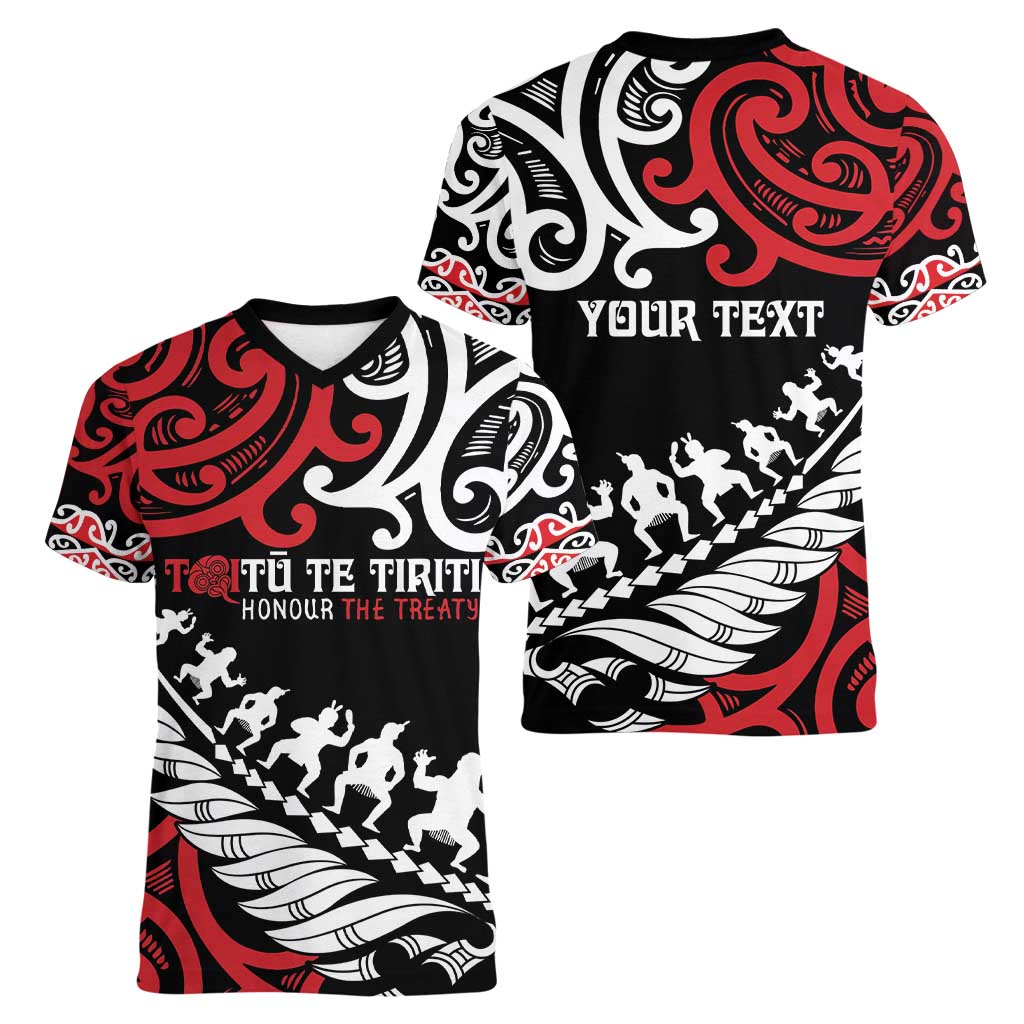 Honour The Treaty New Zealand Personalised Women V-Neck T-Shirt Toitu Te Tiriti Half Fern with Haka dance