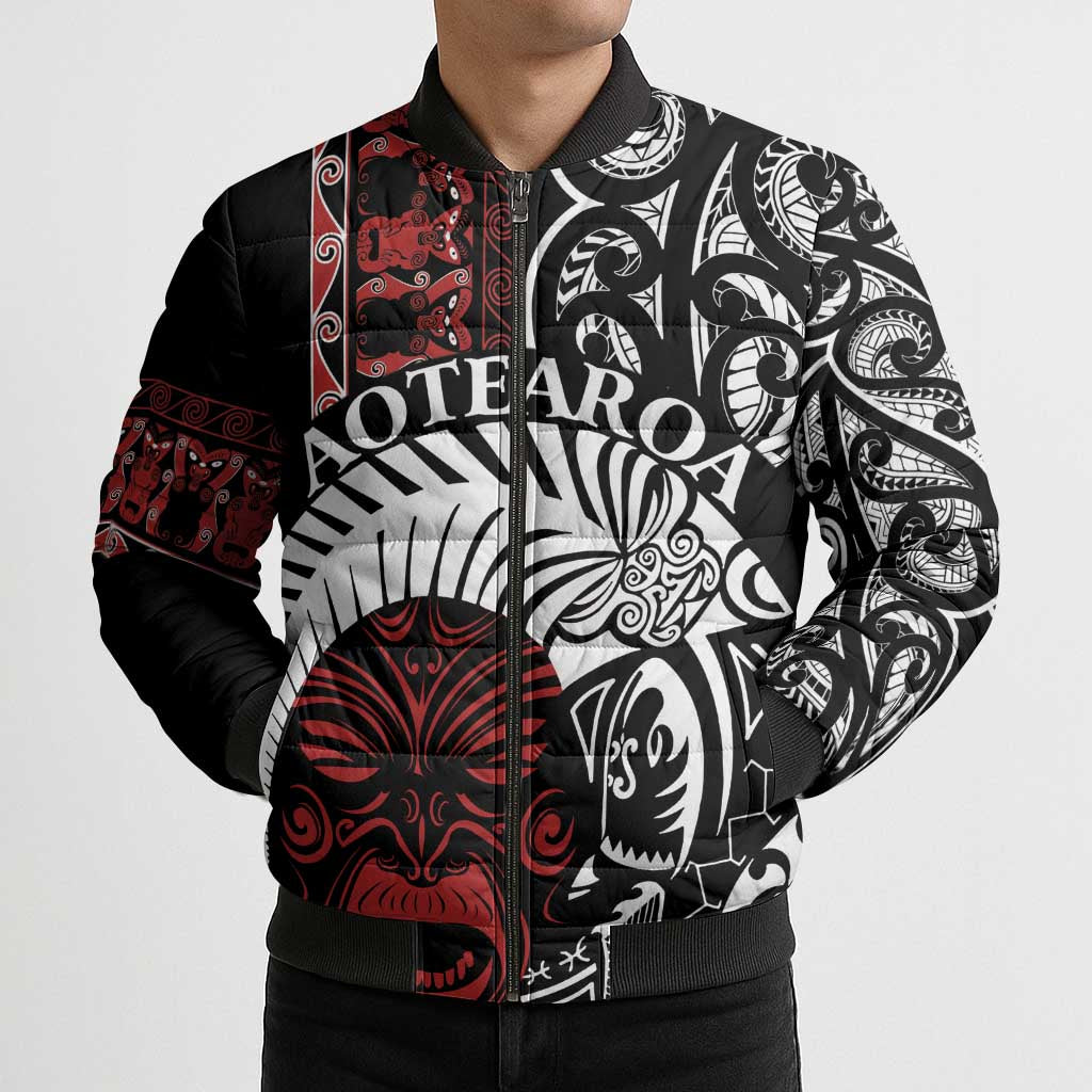 Honour The Treaty New Zealand Personalised Bomber Puffer Jacket Toitu Te Tiriti Indigenous Maori Face - Polynesian Pride
