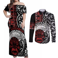 Honour The Treaty New Zealand Personalised Couples Matching Off Shoulder Maxi Dress and Long Sleeve Button Shirt Toitu Te Tiriti Indigenous Maori Face