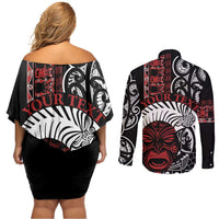 Honour The Treaty New Zealand Personalised Couples Matching Off Shoulder Short Dress and Long Sleeve Button Shirt Toitu Te Tiriti Indigenous Maori Face