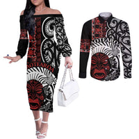 Honour The Treaty New Zealand Personalised Couples Matching Off The Shoulder Long Sleeve Dress and Long Sleeve Button Shirt Toitu Te Tiriti Indigenous Maori Face