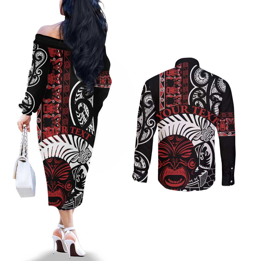 Honour The Treaty New Zealand Personalised Couples Matching Off The Shoulder Long Sleeve Dress and Long Sleeve Button Shirt Toitu Te Tiriti Indigenous Maori Face