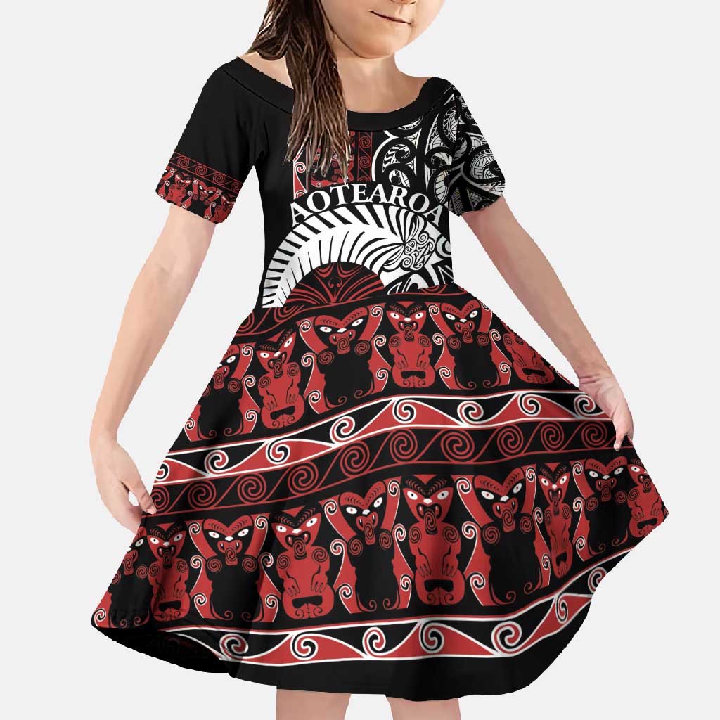 Honour The Treaty New Zealand Personalised Family Matching Tank Maxi Dress and Hawaiian Shirt Toitu Te Tiriti Indigenous Maori Face LT9 Daughter's Dress Black - Polynesian Pride