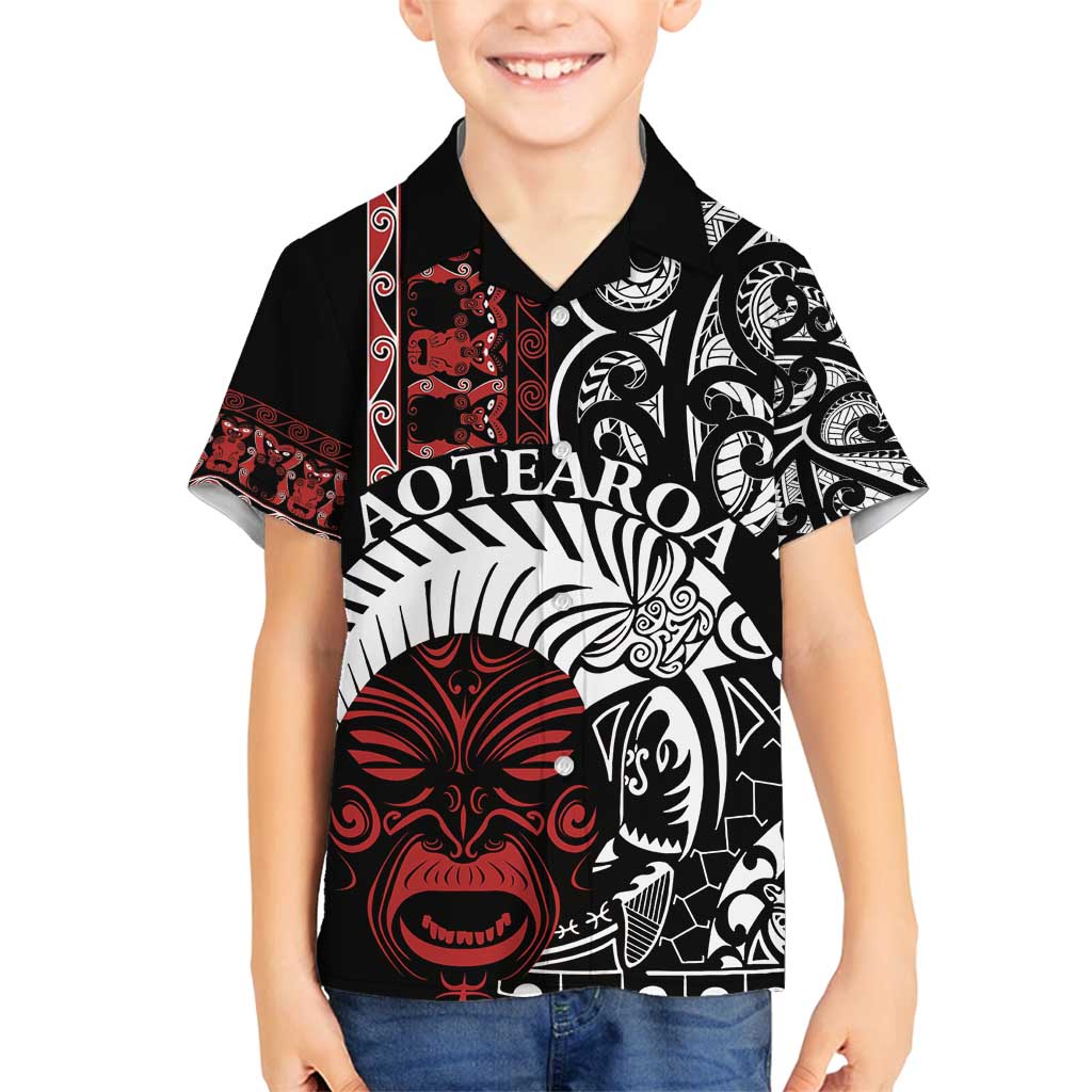 Honour The Treaty New Zealand Personalised Family Matching Tank Maxi Dress and Hawaiian Shirt Toitu Te Tiriti Indigenous Maori Face LT9 Son's Shirt Black - Polynesian Pride