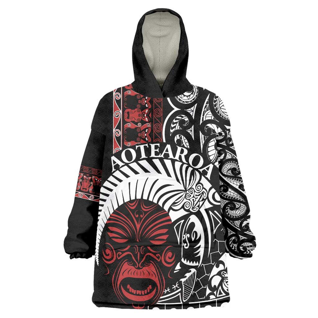 Honour The Treaty New Zealand Personalised Wearable Blanket Hoodie Toitu Te Tiriti Indigenous Maori Face LT9 One Size Black - Polynesian Pride