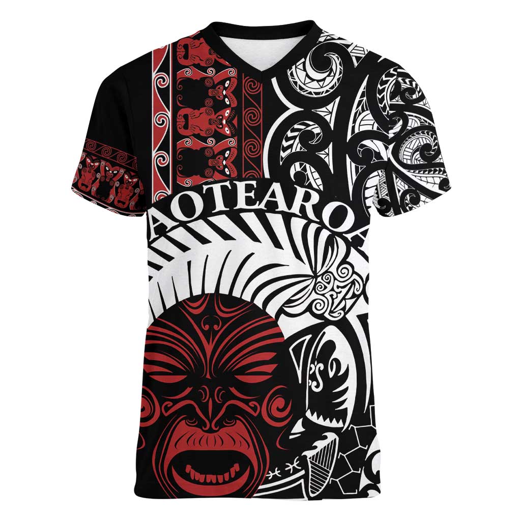 Honour The Treaty New Zealand Personalised Women V-Neck T-Shirt Toitu Te Tiriti Indigenous Maori Face
