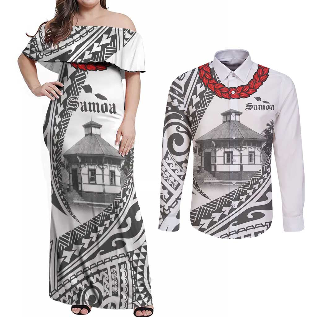 Samoa Mau Movement House Personalised Couples Matching Off Shoulder Maxi Dress and Long Sleeve Button Shirt Fa'a Samoa The Samoan Way LT9 White - Polynesian Pride
