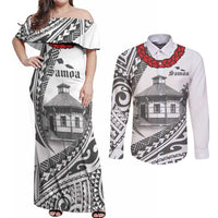 Samoa Mau Movement House Personalised Couples Matching Off Shoulder Maxi Dress and Long Sleeve Button Shirt Fa'a Samoa The Samoan Way LT9 White - Polynesian Pride