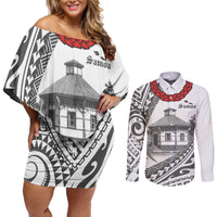 Samoa Mau Movement House Personalised Couples Matching Off Shoulder Short Dress and Long Sleeve Button Shirt Fa'a Samoa The Samoan Way LT9 White - Polynesian Pride