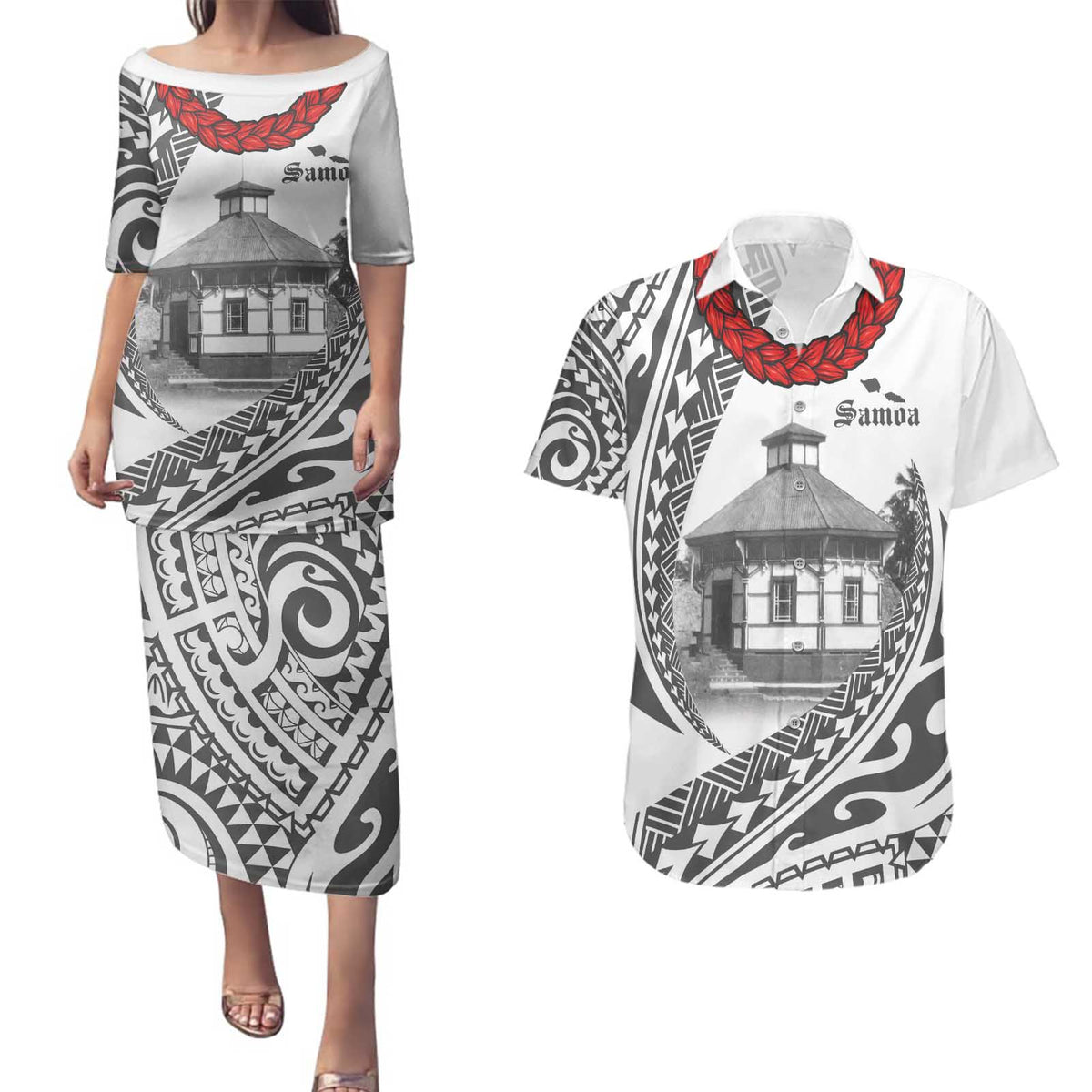 Samoa Mau Movement House Personalised Couples Matching Puletasi and Hawaiian Shirt Fa'a Samoa The Samoan Way LT9 White - Polynesian Pride