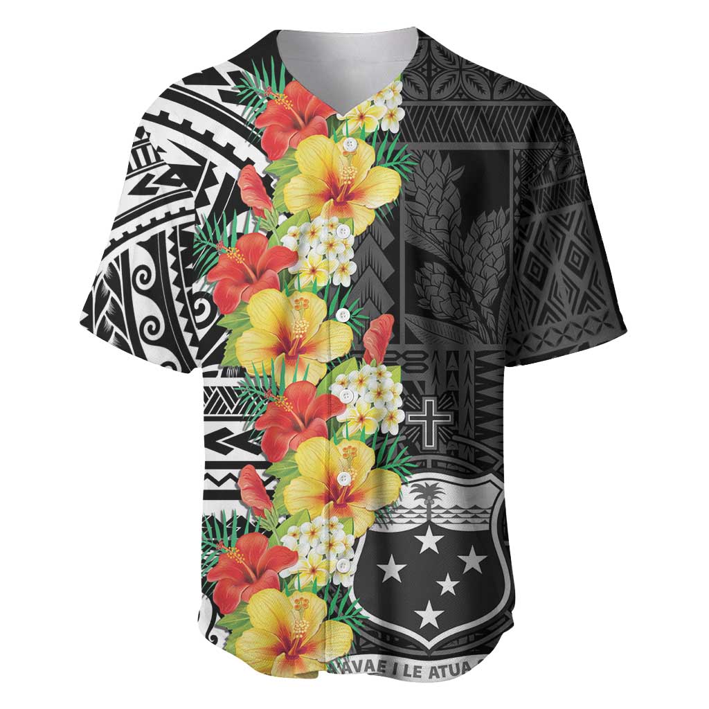 Samoa Tribal Hibiscus Flowers Baseball Jersey LT9 Black - Polynesian Pride