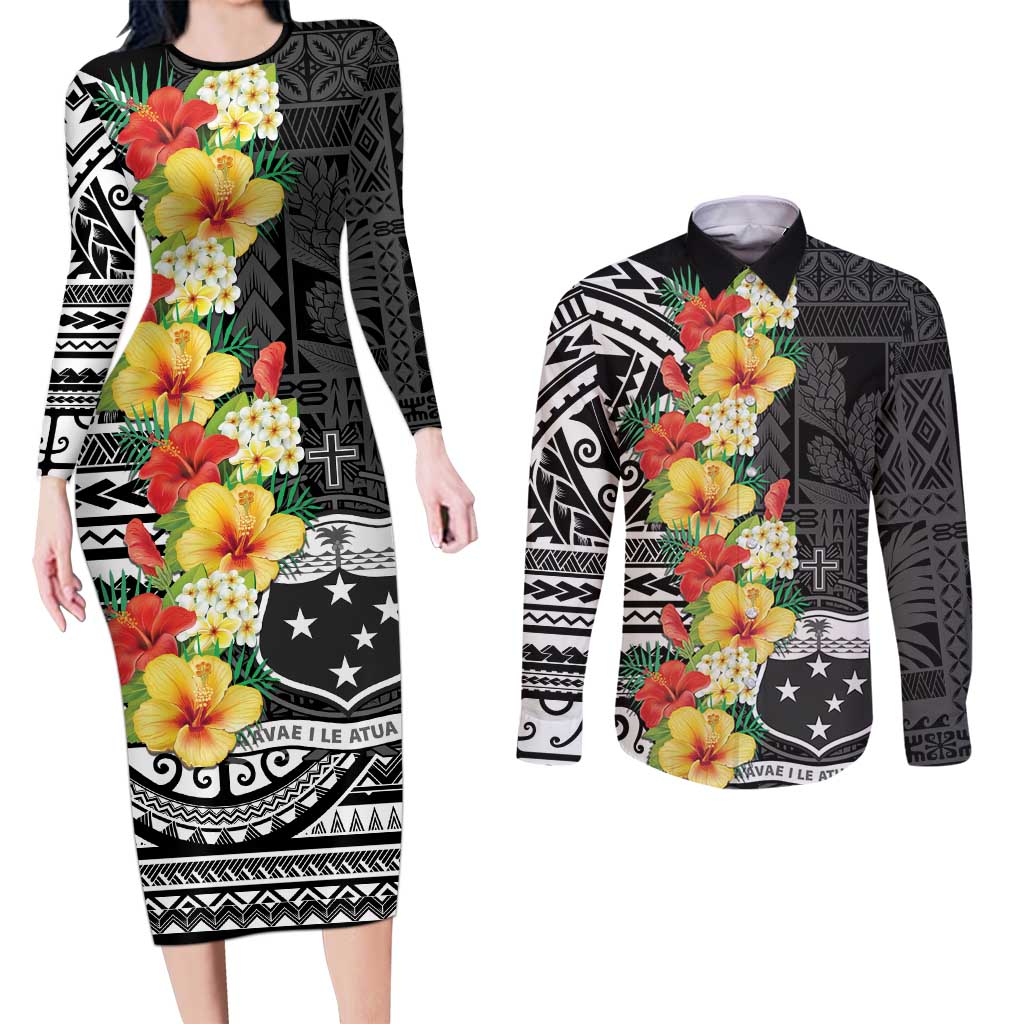 Samoa Tribal Hibiscus Flowers Couples Matching Long Sleeve Bodycon Dress and Long Sleeve Button Shirt LT9 Black - Polynesian Pride