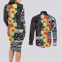 Samoa Tribal Hibiscus Flowers Couples Matching Long Sleeve Bodycon Dress and Long Sleeve Button Shirt LT9 - Polynesian Pride
