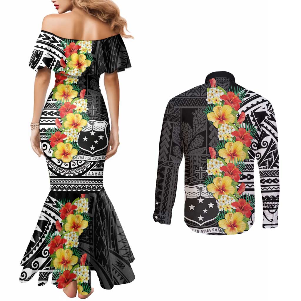 Samoa Tribal Hibiscus Flowers Couples Matching Mermaid Dress and Long Sleeve Button Shirt LT9 - Polynesian Pride